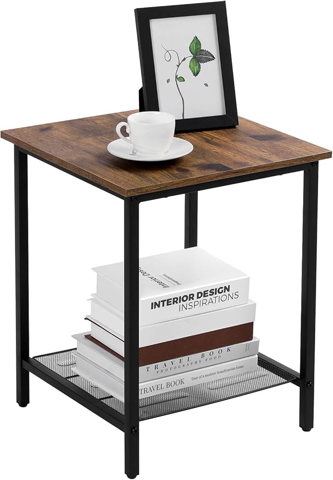 VASAGLE End Table，2-Tier Nightstands Side Table Night Stand Bedside Desk for Small Space in Living Room, Bedroom, , Steel Frame, Easy Assembly, 1 Pack, Chestnut Brown and Black, ULET202B07