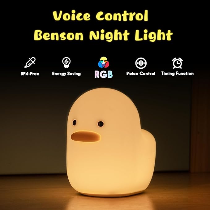 UNEEDE Voice Control LED Benson Night Light, Cute Duck Animal Silicone Nursery Night Light Rechargeable Table Lamp Bedside Lamp with Touch Sensor for Baby Girls Women Bedrooms, Living Room