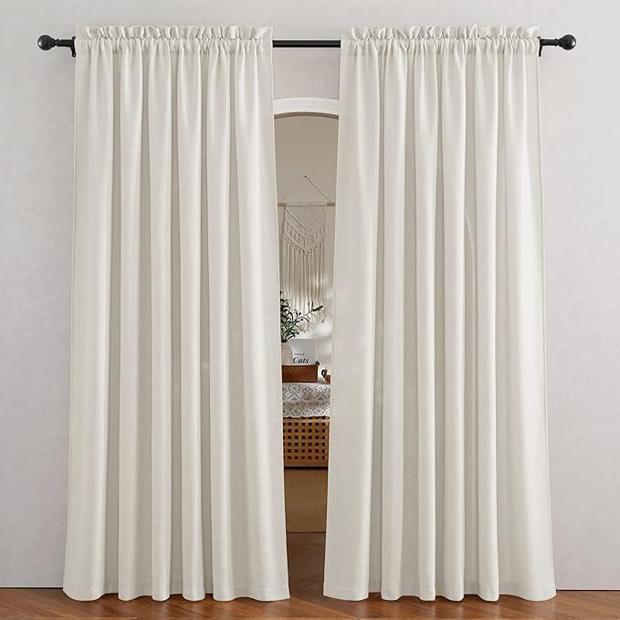 RYB HOME Linen Textured Sheer Curtains 84 inches Long, Privacy Semi-Transparent Sheer Window Curtains for Living Room Bathroom French Door, Linen, W 70 x L 84 inch, 1 Pair
