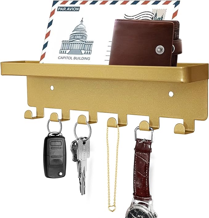 GTK Key Holder for Wall, Key Hooks with Tray and 6 Hooks, Wall Mounted Key Holder for Hallway, Key Rack with Shelf for Mail Storage (Gold)