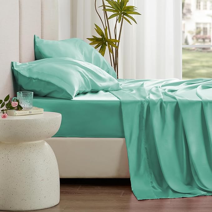 Love's cabin California King Satin Sheet Sets - 4 Piece Aqua Silky Sheets Bed Set with Deep Pocket, Luxury Silk Feel Satin Cal King Sheet Set (1 Flat Sheet,1 Fitted Sheet,2 Pillow Cases)