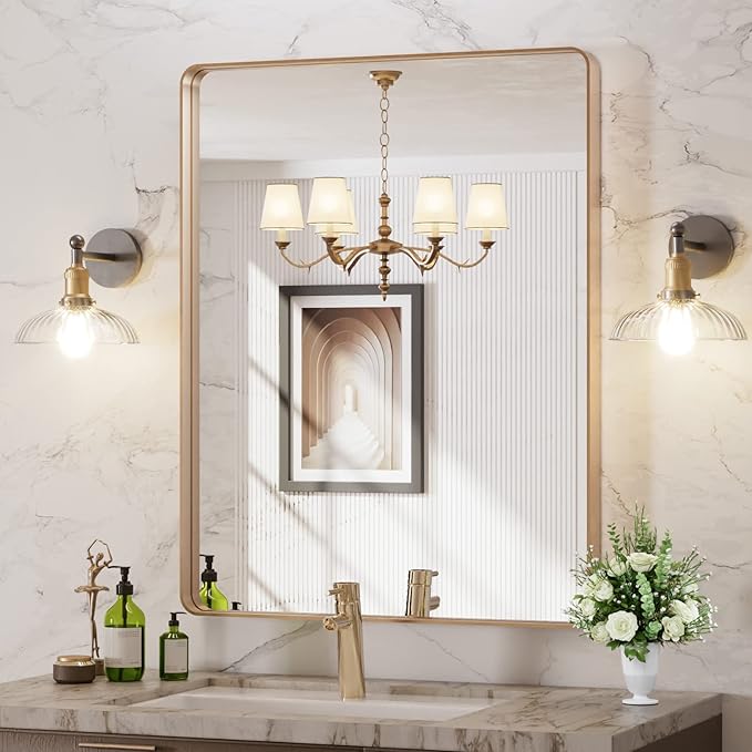 LOAAO 28”X36” Gold Bathroom Mirror, Rounded Rectangle Gold Frame Mirror, Brushed Gold Bathroom Vanity Mirror Wall-Mounted, Anti-Rust, Hangs Horizontally or Vertically