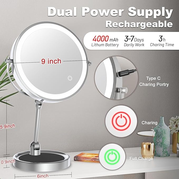 9" Large Height Adjustable Makeup Mirror With Magnification 10X/1X, 4000mAh Rechargeable Led Magnifying Vanity Mirror with Lights, Folding Boom & 360°Swivel 2-Sided Travel Cosmetic Mirror - Chrome