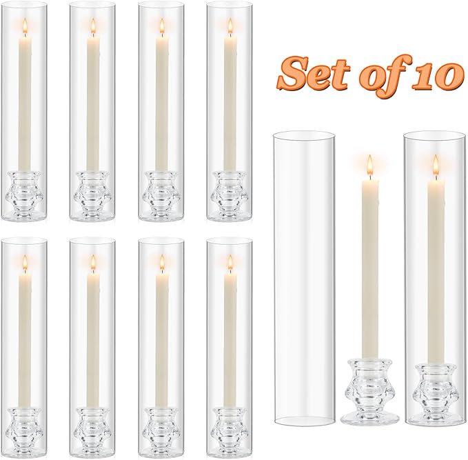 Hurricane Glass Candle Holders, Set of 10 Candlestick Holders for Taper Candle with 11.8" Tall Windproof Cylinder Covers Candle Stand Bulk for Table Centerpieces on Wedding Birthday Housewarming Decor