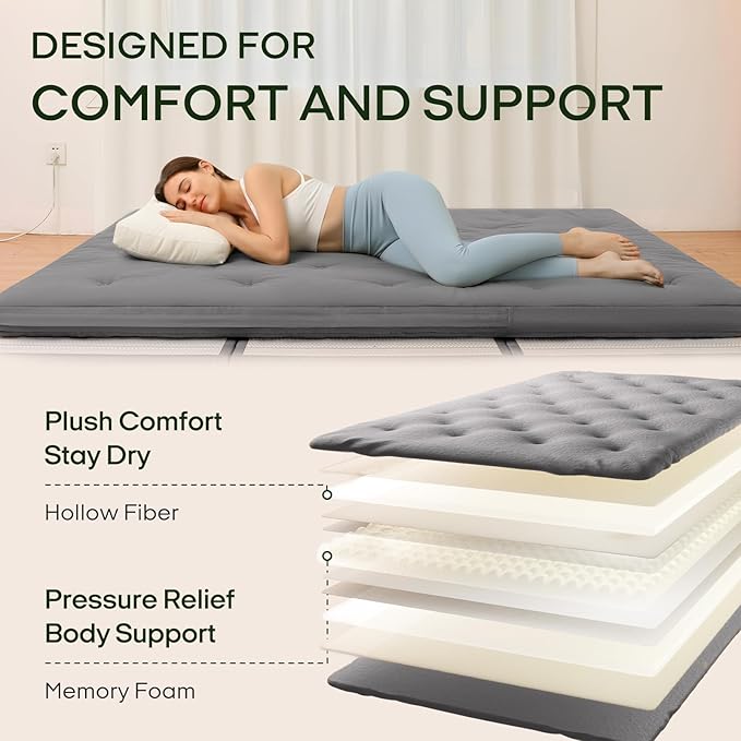 ZonLi Japanese Floor Futon Mattress Queen Size 80"x 60", 100% Cotton Cover 4'' Thicken Tatami Mattress, Foldable Sleeping Pad, Portable Dormitory Tatami Mat, Roll Up Floor Lounger Bed for Adult (Grey)