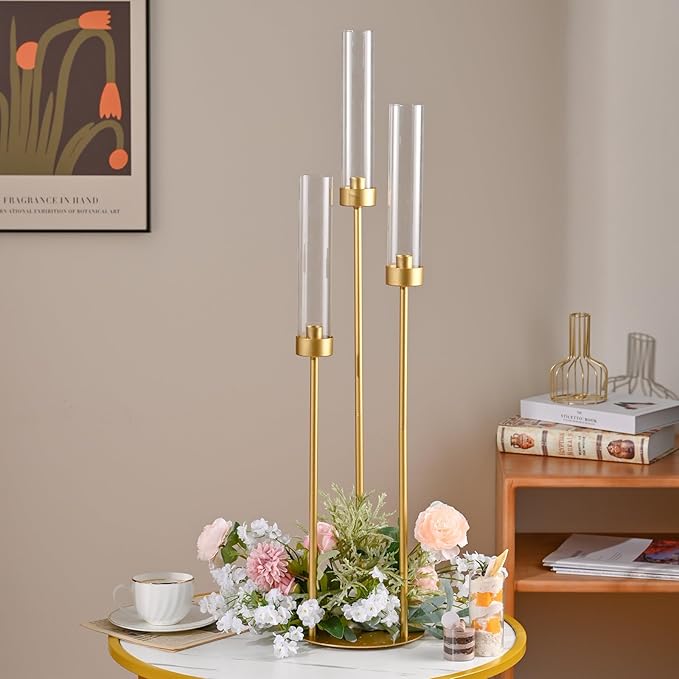 Vincidern 2pcs Gold Taper Candle Holder 3-arm Candelabra Decorative Candlestick Holder for Table Centerpieces, Wedding, Dining Room, Events, Party (34in Tall)