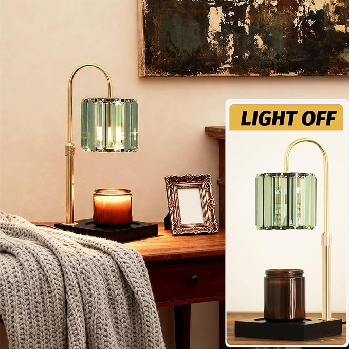 Candle Warmer Lamp with Timer, Dimmable Candle Wamer Adjustable Height, Glass Modern Candle Melter Lamp, Elegant Home Decor, Green, Gifts for Women Mom