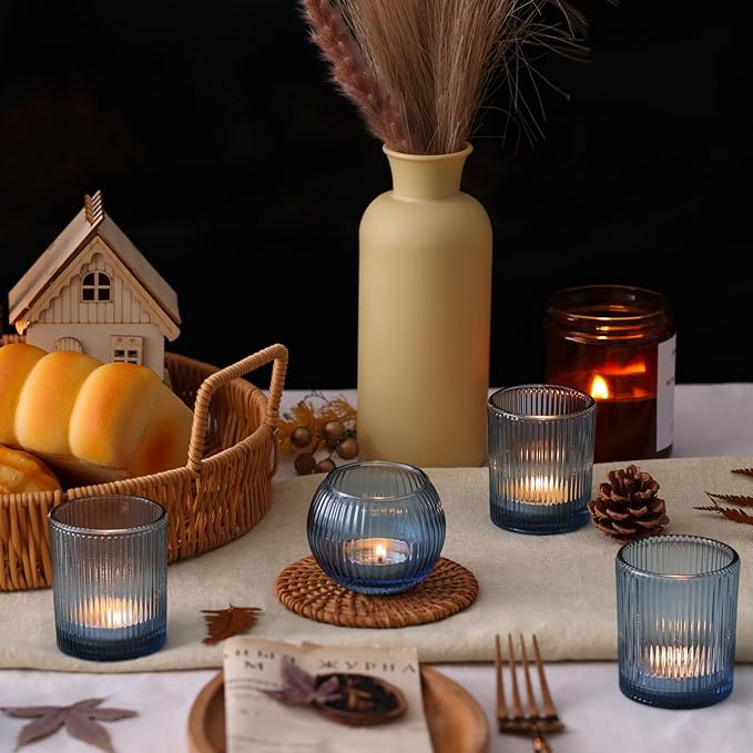 Blue Votive Candle Holders Set of 10- Round Blue Candle Holders Bulk, Glass Candle Holder for Wedding Table Decoration, Embossed Glass Votives, Tea Lights Candle Holder for Home & Party Decor