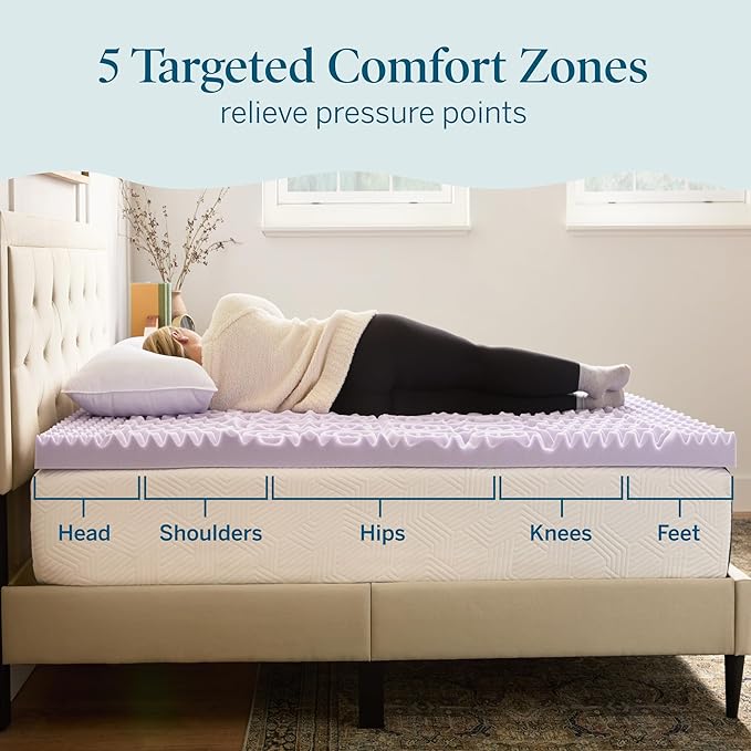 LUCID Zoned Memory Foam Mattress Topper, Queen, Lavender