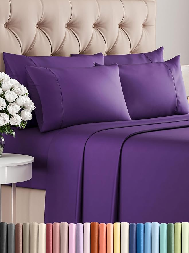 King 6 Piece Sheet Set - Comfy Breathable & Cooling - Ultra Soft Hotel Luxury Bedding Set w/ 8-16 Inch Deep Pockets - 1 Flat & 1 Fitted Sheet & 4 Pillowcases - Cozy, Wrinkle Free & Easy Care - Purple