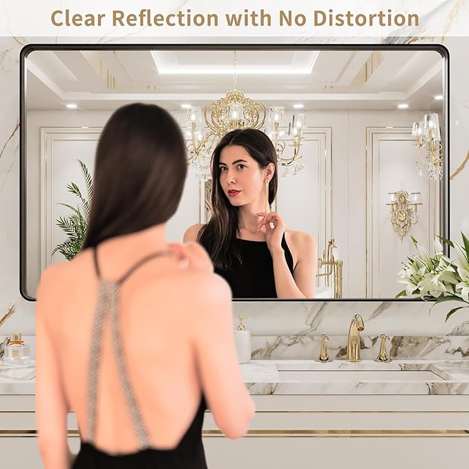 LOAAO 50X30 Inch Black Metal Framed Bathroom Mirror for Wall, Matte Black Bathroom Vanity Mirror Farmhouse, Large Rounded Rectangle Mirror, Anti-Rust, Tempered Glass, Hangs Horizontally or Vertically