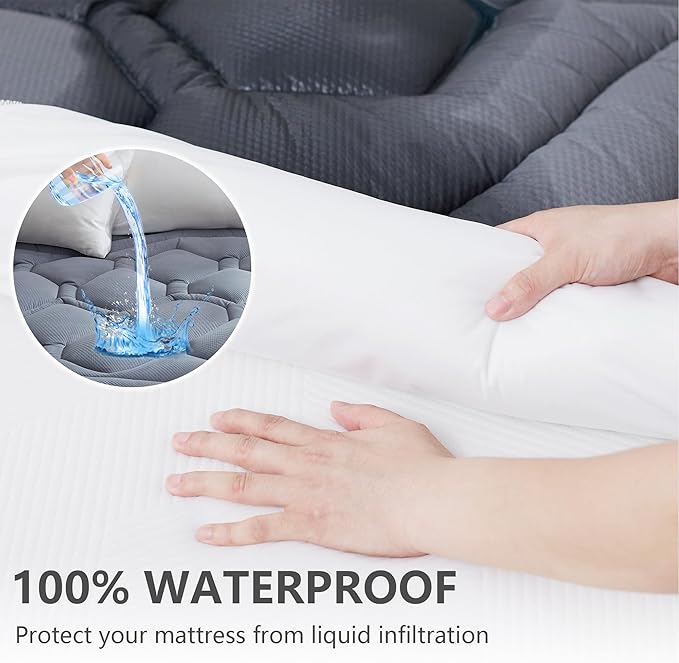 Queen Size Mattress Pad Waterproof, Pillow Top Cooling Mattress Topper Cover, Quilted Fitted Mattress Protector Washable, Deep Pocket 8-21" (60x80 inch, Grey)