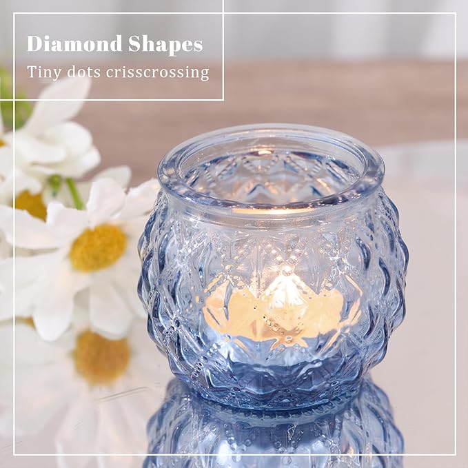 DARJEN 12Pcs Blue Votive Candle Holders - Round Glass Candle Holders Bulk for Tea Light Candle, Diamond Texture Candle Votives for Wedding Centerpiece, Party & Home Decor