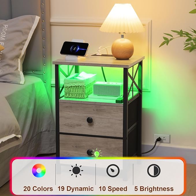 AMHANCIBLE Night Stand Set 2, LED Nightstand with Charging Station, End Tables Living Room with Fabric Drawers, Bedside Table for Bedroom, Greige, HET052LGY