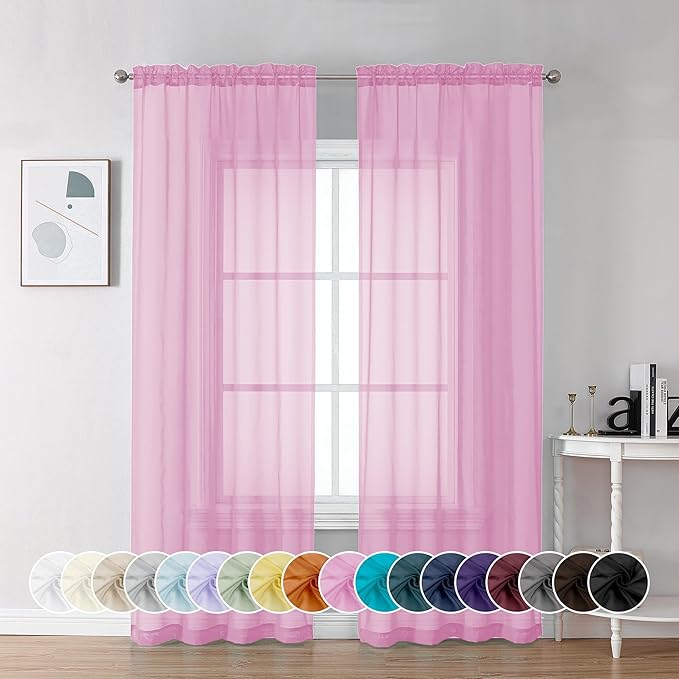 Chyhomenyc Pink Sheer Curtains 72 Inch Length 2 Panels, Light Filtering Soft Airy Rod Pocket Voile Window Curtain Drapes for French Door Bedroom Living Room, Each 42Wx72L Inches