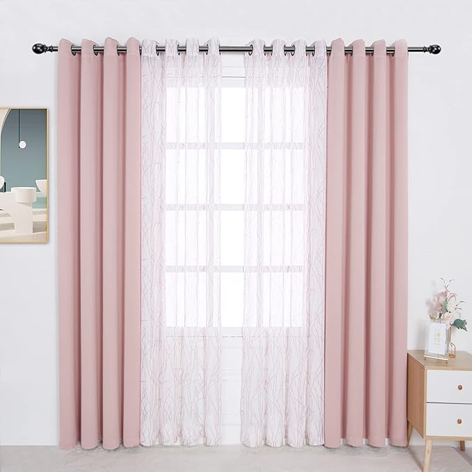 BONZER Mix and Match Curtains - 2 Pieces Branch Print Sheer Curtains and 2 Pieces Blackout Curtains for Bedroom Living Room Grommet Window Drapes, 54x84 Inch/Panel, Blush, Set of 4 Panels
