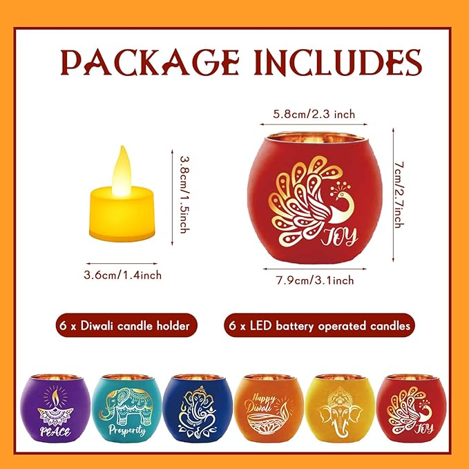 VIHOSE 6 Set Diwali Tealight Candle Holders Diwali Decorations for Home Glass Tea Light LED Battery Operated Candles Flameless Lights for Indian Table Centerpiece Party Decor Gifts