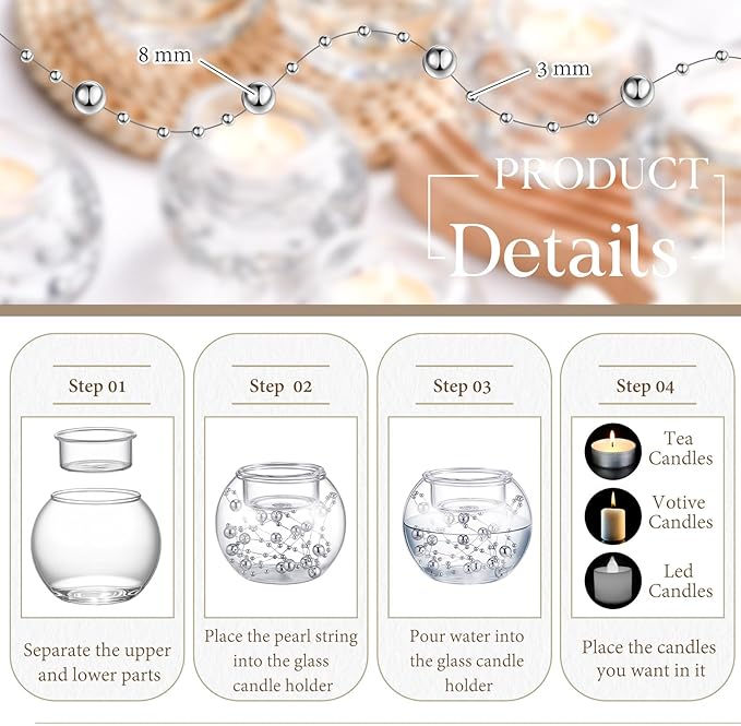 8 Pcs Glass Clear Votive Floating Candle Holders with 8 Pcs Bright Pearl String Beads, Tealight Bowl Candle Holder Bulk for Wedding Centerpiece Home Bridal Shower Party Decor (Silver)