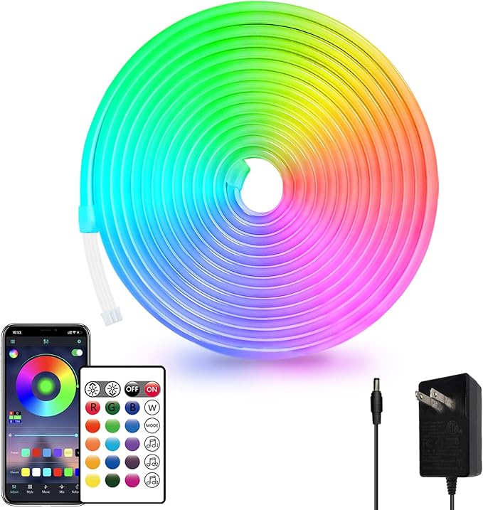 16.4ft Led Neon Rope Lights Remote/APP Control IP65 Waterproof Flexible 24VRGB LED Neon Light Music Sync LedSNeon Strips Light Led neon Lights for Bedroom Room Outdoors Décor