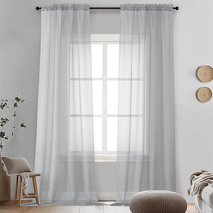OVZME Light Grey Sheer Curtains 96 Inches Long 2 Panels - Soft Light Filtering Window Sheer Panels for Living Room/Bedroom, Top Dual Rod Pocket, 1 Pair, Each 42Wx96L Inches