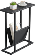 Yusong Small Narrow Side Table for Small Spaces, 17.7" W Slim End Table Nightstand with Storage Holder, Accent Skinny Snack Couch Bedside Table, Black Oak, Complete Iron Pipes