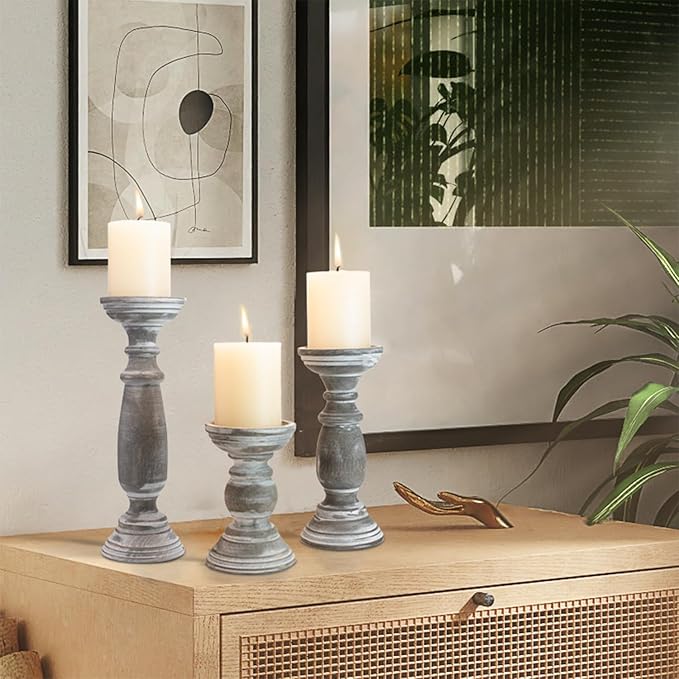 Rustic Wooden Pillar Candle Holders Set of 3, 12'' 9'' 6'' Farmhouse Wood Candle Stand for Table Centerpieces, Vintage Tall Candleholders Fireplace Mantel Decor for Living Room, Grey