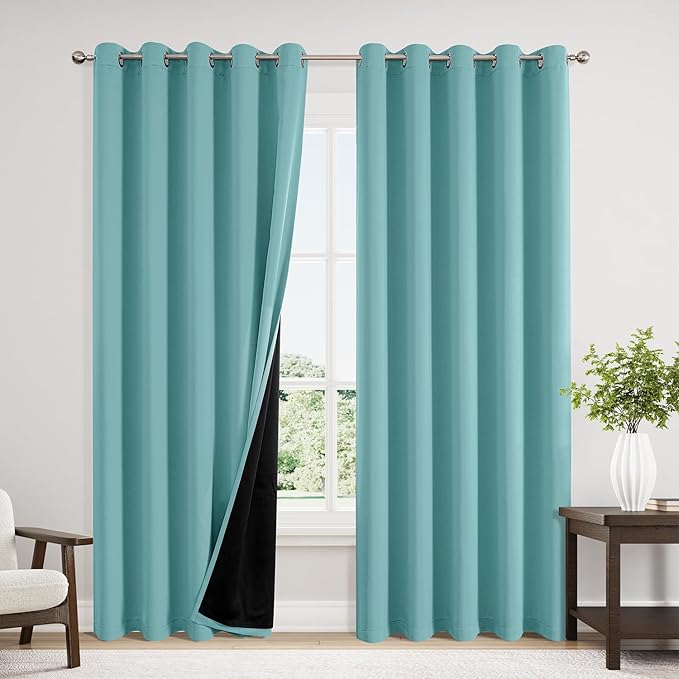 ChrisDowa 100% Blackout Curtains 84 inch Long for Bedroom with Black Liner, Extra Wide 2 Thick Layers Total Blackout Thermal Insulated Grommet Window Curtains 2 Panels Set (Aqua, 60 x 84 Inch)