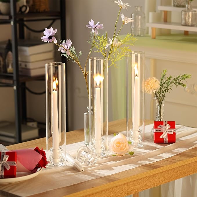 8 Set Christmas Glass Hurricane Candle Holders 12.6" Open Ended Glass Candleholder Tube Shape Bottomless and 2.2" Taper Clear Candlestick Holders for Wedding Party Table Centerpiece (Clear)