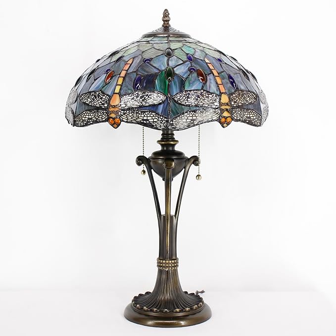 Tiffany Table Lamp Brown Yellow Stained Glass Desk Lamp 16X16X24 Inches Dragonfly Style Reading Light