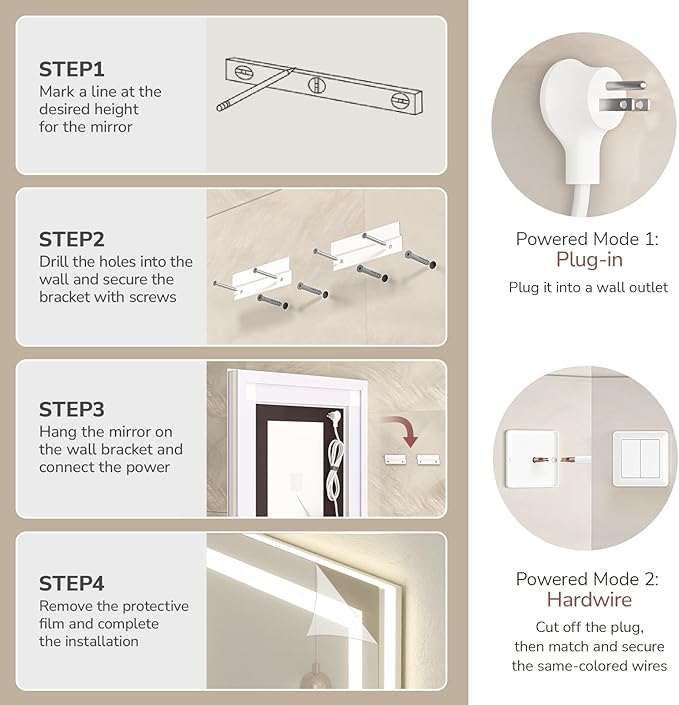 USHOWER LED Bathroom Mirror 40x24 Inch with Lights - Frameless Tempered Glass LED Backlit Lighted Mirror for Bathroom Vanity with Anti-Fog, 3 Colors Dimmable, Memory Function, Wall-Mounted