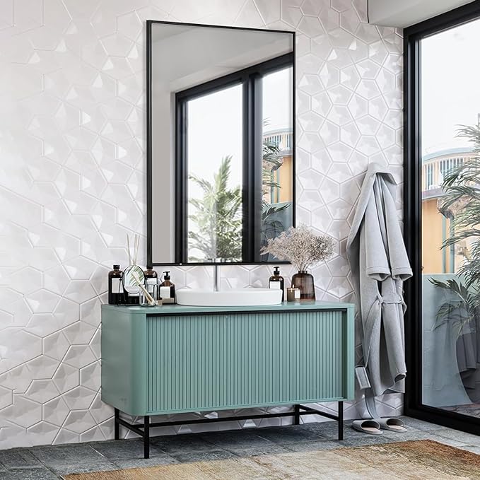 Bathroom Mirror, 30x48 Inch, Black Frame, Rectangle, Wall Mounted, Metal Framed Vanity Mirror, Modern, Hangs Horizontal Or Vertical