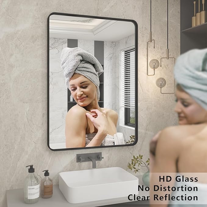 CHAMROR 24x32 Inch Black Metal Framed Bathrrom Mirror for Wall, Black Rounded Rectangle Mirror, Matte Black Bathroom Vanity Mirror, Anti-Rust, Tempered Glass, Hangs Horizontally or Vertically