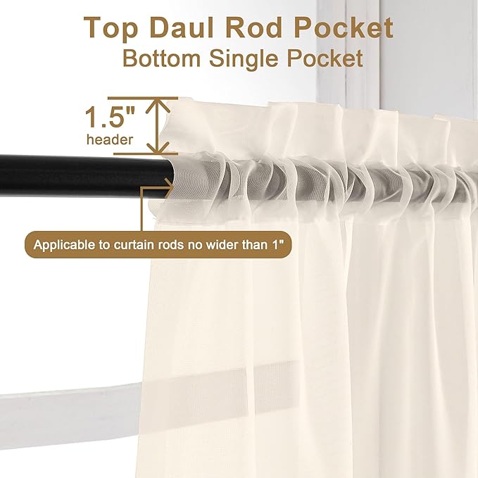 Chyhomenyc Cream Sheer Valances for Windows 2 Pack, Small Window Curtains for Living Room Bathroom Cafe Laundry Basement, Modern Top Dual Rod Pocket Voile Curtain, 42W x 14L inches