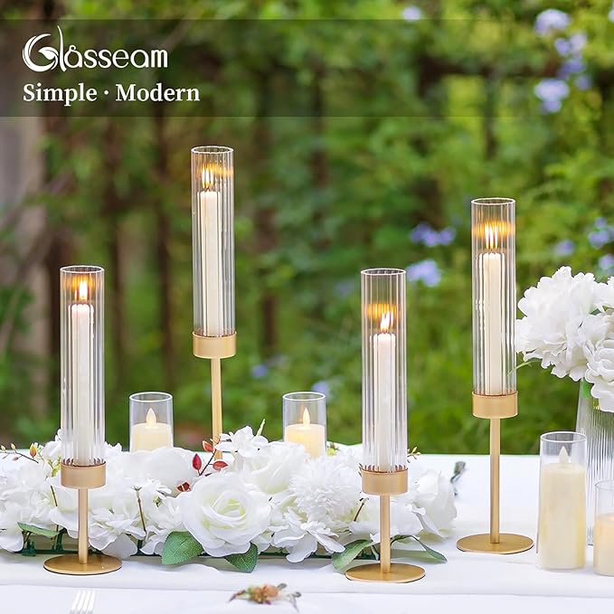 Glasseam Tapered Gold Candlestick Holders: 6 Pcs Tall Brass Taper Candle Holder with Ribbed Glass Cylinder - Hurricane Fluted Candle Holders for Table Centerpiece Wedding Party Christmas Decorations
