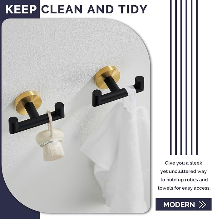 Angle Simple Towel Double Hook Black & Gold, 2 PCS Stainless Steel Bathroom Towel Holder, Dual Robe Coat Hook for Wall