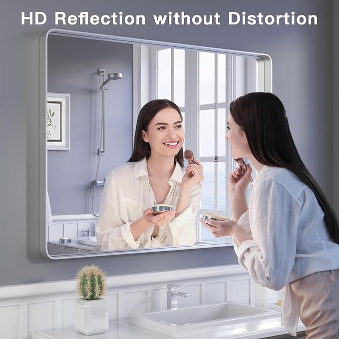 ISKM Silver Framed Mirror for Wal Bathroom Mirror for Wall 40" x 36" Matte Framed Vanity Mirror, Shatter-Proof, Tempered Glass, Rounded Rectangle Mirror(Horizontal/Vertical)