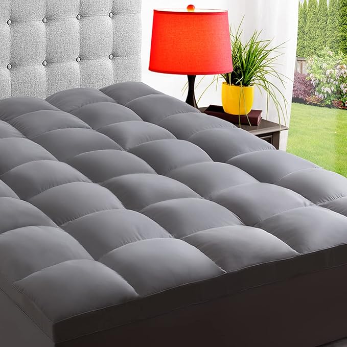 ELEMUSE Cal King Grey Mattress Topper for Back Pain, Extra Thick Mattress Pad Cover, Plush Soft Pillowtop with Elastic Deep Pocket, Overfilled Down Alternative Filling