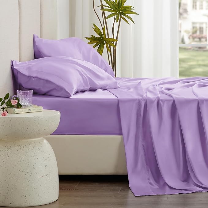 Love's cabin Twin XL Satin Sheet Sets - 3 Piece Lavender Silky Bed Sheets with Deep Pockets, Luxury Silk Feel Satin Sheet Set Twin XL (1 Flat Sheet,1 Fitted Sheet,1 Pillow case)