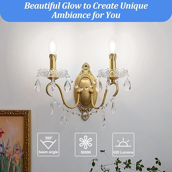 Brightever E12 Candelabra LED Light Bulbs 60 Watt Equivalent, 620 Lumen 6W C32 B11 Clear LED Filament Candle Bulbs, Dimmable Daylight White 5000K Chandelier Light Bulbs for Ceiling Fan, Pack of 5