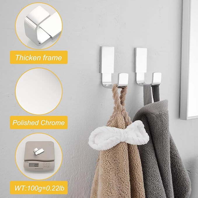 BESy Brass Clothes Hook Single Towel Hook for Bathroom Kitchen Garage Square Style Robe Hooks Coat and Hat Hook, Self Adhesive with Glue or Wall Mounted with Screws, Polished Chrome