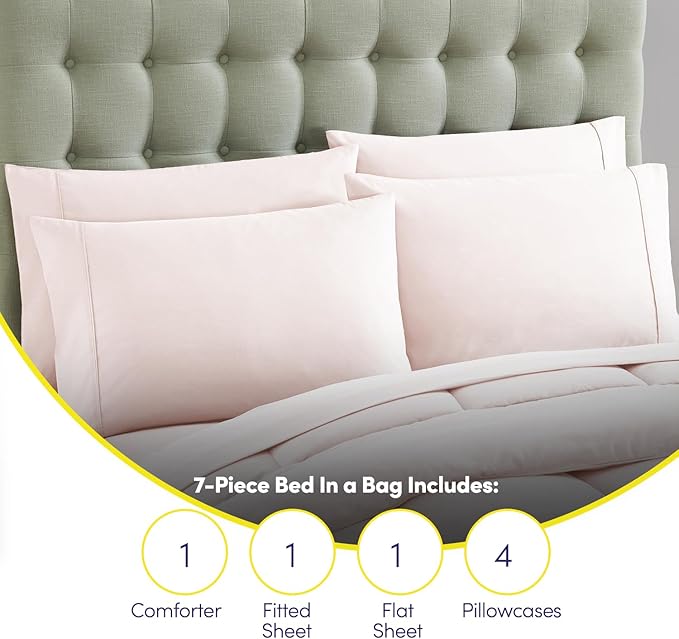 California King Comforter Set - Soft & Breathable 7-Piece Bedding Collection - 1 Comforter, 1 Fitted Sheet, 1 Flat, 4 Pillowcases - Deep Pocket - Premium Quality - Ideal for All Seasons, Pale Pink