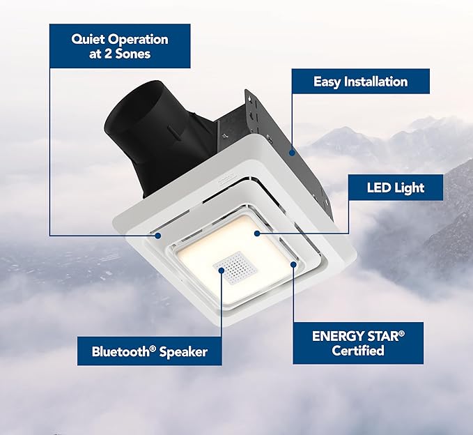 Broan-NuTone® Roomside Series Bluetooth Speaker Bathroom Exhaust Fan with LED Light, 70 CFM 2 Sones, ENERGY STAR