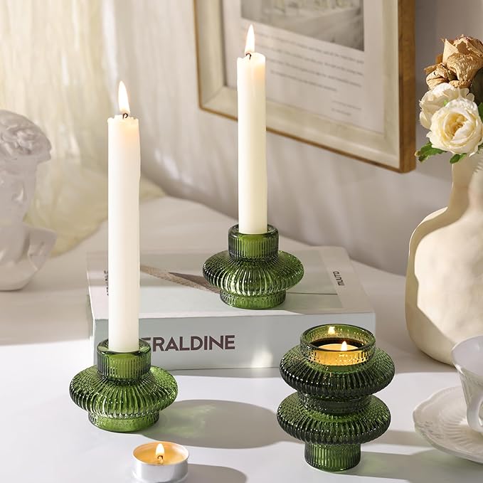 Green Taper Candle Holders Set of 10 for Taper Candles/Tea Lights, Ribbed Glass Candlestick Holders for Boho Wedding Table, Vintage Candle Sticks Holder Decor Home Decor