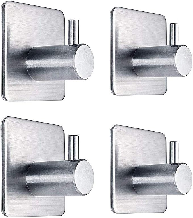 Adhesive Towel Hooks Heavy Duty Wall Hooks Waterproof Stainless Steel Hanger for Hanging Coat, Hat, Towel Robe Hook Rack Wall Mount- Bathroom and Bedroom 4-Packs