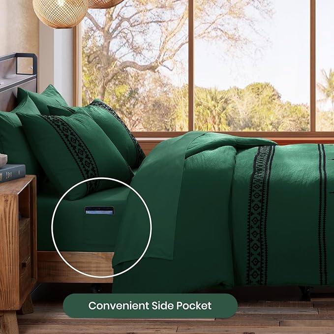 MaiRêve Embroidery King Size Comforter Set Emerald Green, Boho Farmhouse Western Bedding Set 7 Pieces, All Season Bed in A Bag Comforter Set with Sheets, Pillowcases & Shams