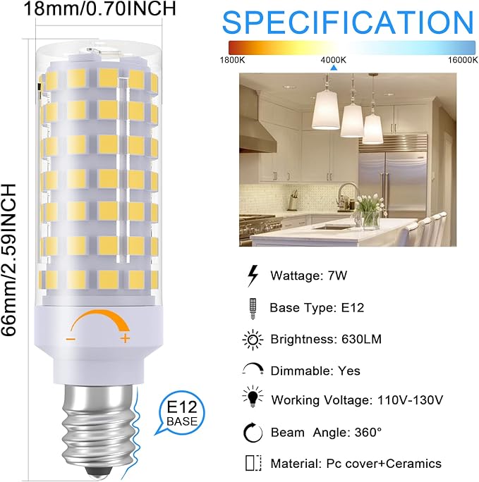 TAIYALOO Dimmable E12 LED Candelabra Bulbs C7, E12 60 Watt Halogen Bulb Equivalent, Natural White 4000K, 120V 630LM T6 7W E12 Chandelier Light Bulbs for Ceiling Fan Pendant Lighting, 3 Pack