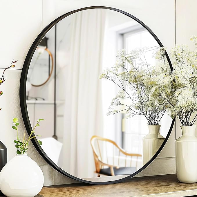 Black Circle Mirror, Round Bathroom Mirror 20 inch, Round Wall Mirror Metal Frame, Circle Mirrors for Bathroom, Vanity, Bedroom, Hallway.