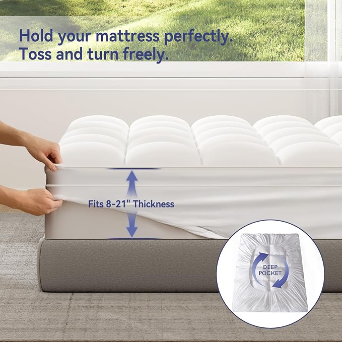 ELEMUSE RV King Mattress Topper for Back Pain, Extra Thick Mattress Pad Cover, Plush Soft Pillowtop with Elastic Deep Pocket, Overfilled Down Alternative Filling
