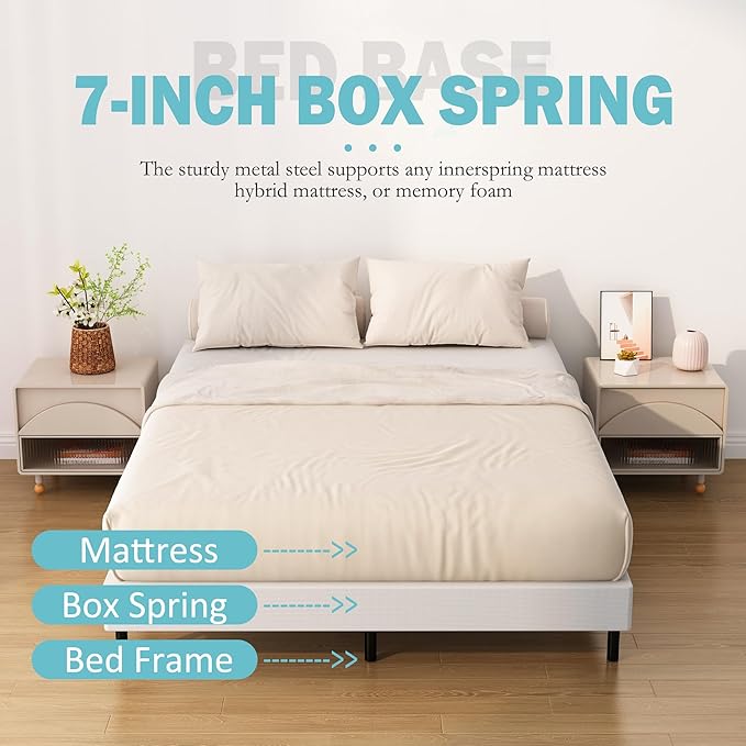 7 Inch Box Spring for Queen Bed Bed Base, Low Profile Metal Queen Box Spring with Fabric Cover, 3000 Lbs Max Weight Capacity Mattress Foundation, Noise-Free, Easy Assembly