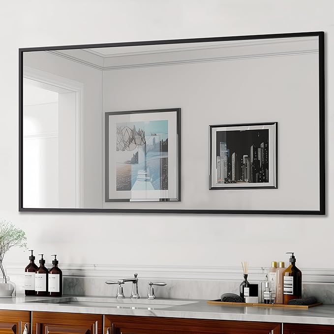 Antok Bathroom Mirror,60"x30" Wall Mirror, Decorative Mirrors Vanity Mirror Aluminum Alloy Frame Contemporary Hanging Mirror for Living Room Bathroom Entryway,Black,Rect Corner